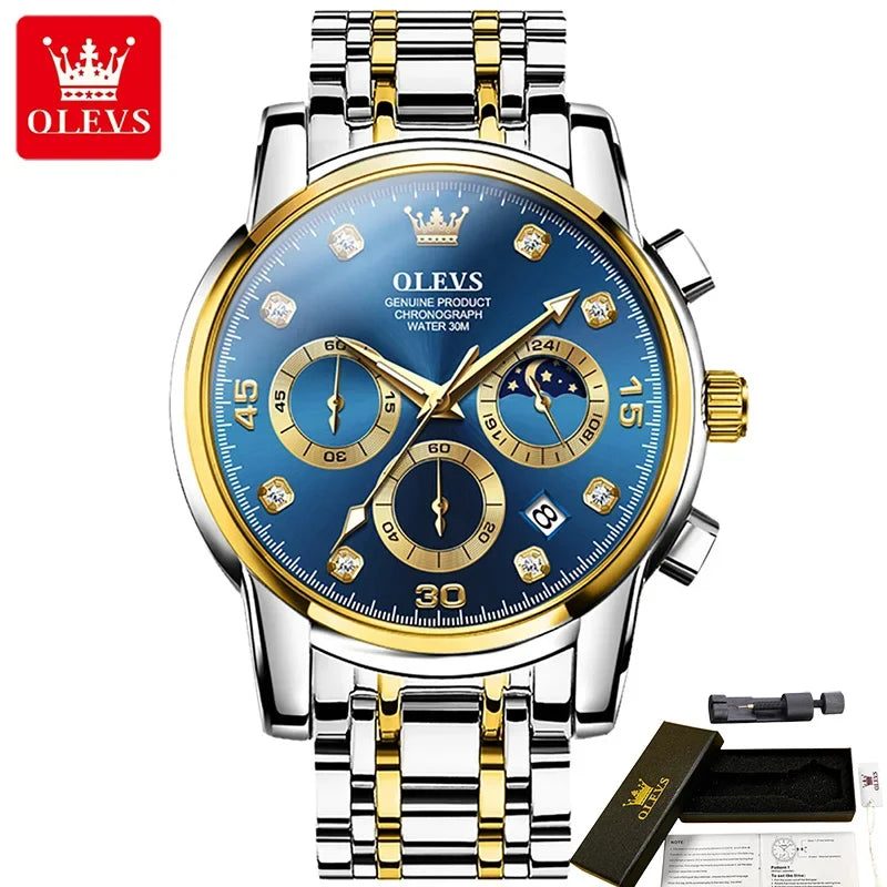 OLEVS 2889 Multi-function Waterproof Watches For Men, Quartz Fashion Stainless Steel Strap Men Wristwatch Luminous Chronograph